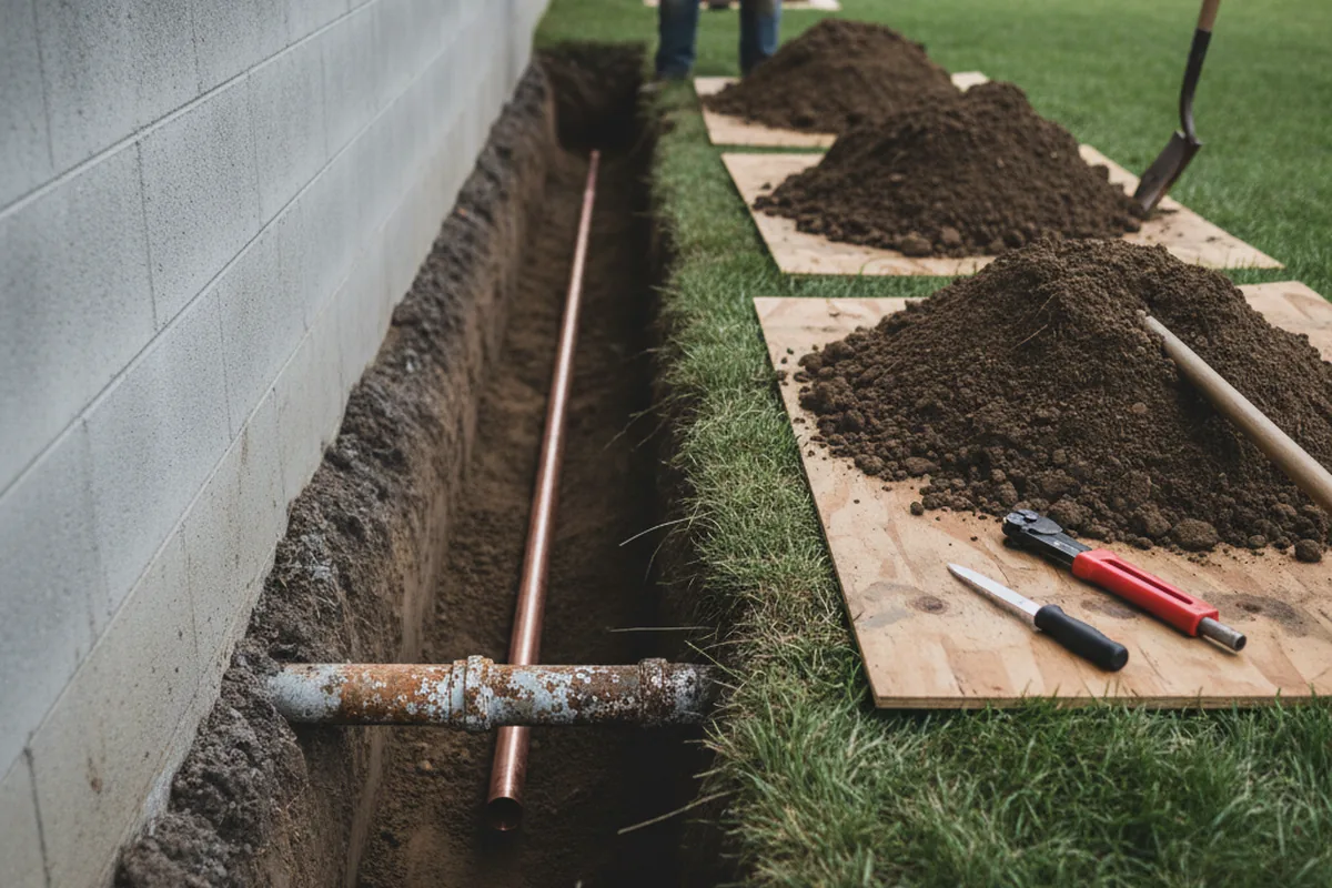 Excavated water line trench during Water Softener Installation in Eldorado